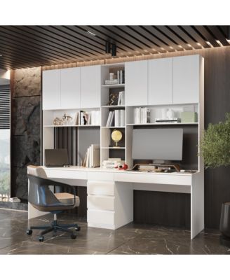 94.5 in. W Large 2 in. 1 Wood Double Computer Desk White Writing Desk  86.6 in. Tall Bookshelf, Drawers  Home Office