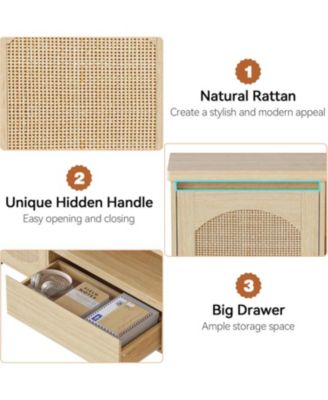 Rattan TV Stand for 65 Inch TV - Entertainment Center with Storage Drawer and Open Shelf Wood TV Stand Cabinet TV Media Console Cabinet Furniture for Living Room Bedroom