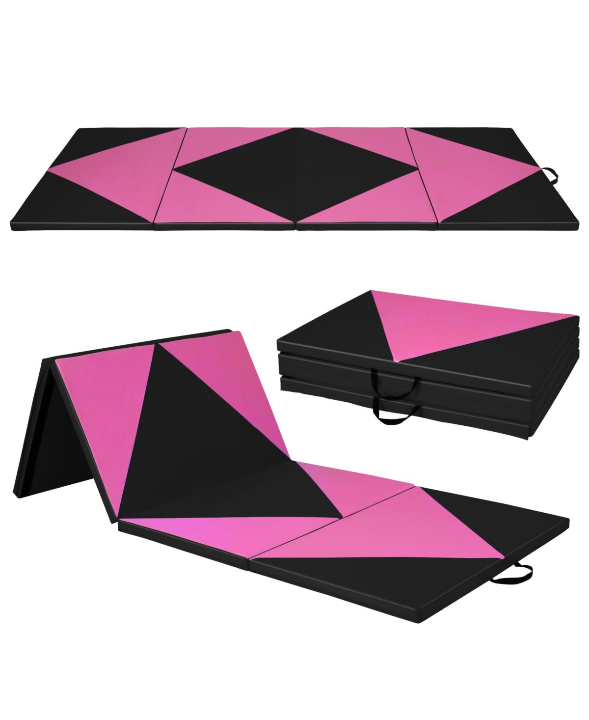 4-Panel Pu Leather Folding Exercise Gym Mat with Hook and Loop Fasteners - Pink