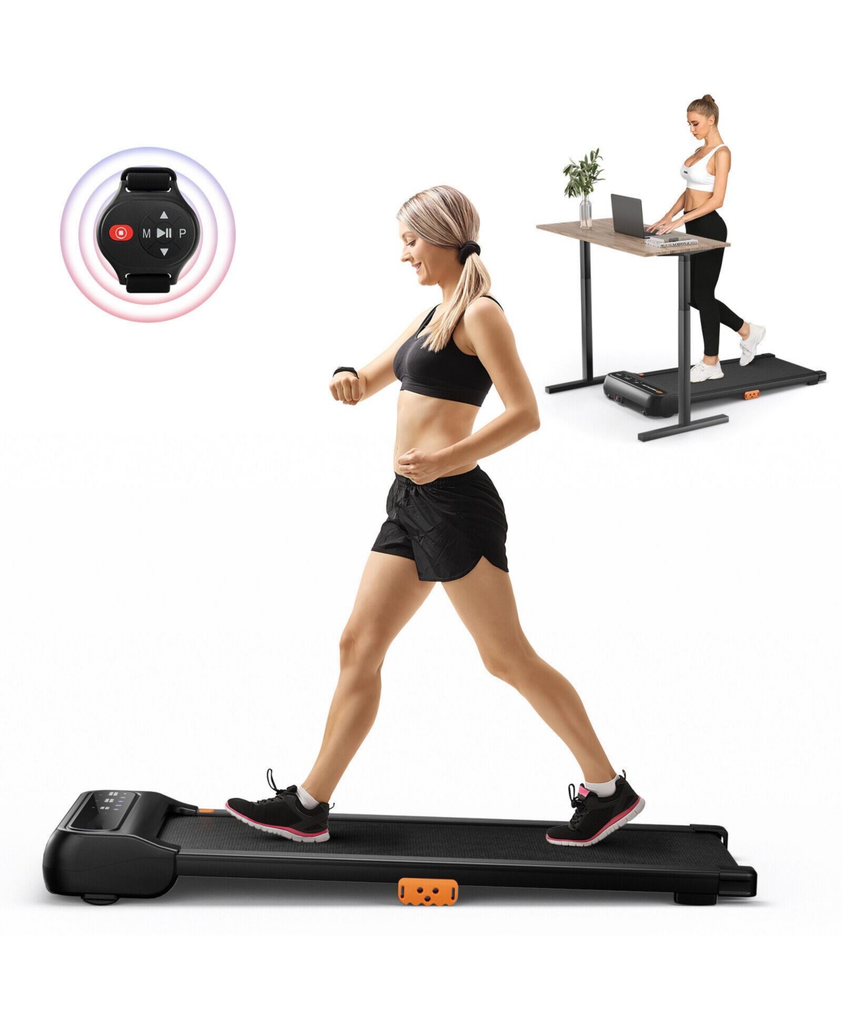 Under Desk Walking Pad Treadmill for Home/Office with Watch-Like Remote Control - Black