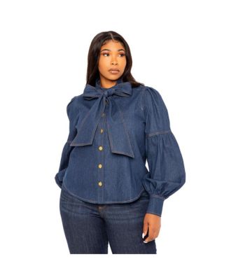 Buxom Couture Women's Plus Size Bow Neck Puff Sleeve Denim Blouse
