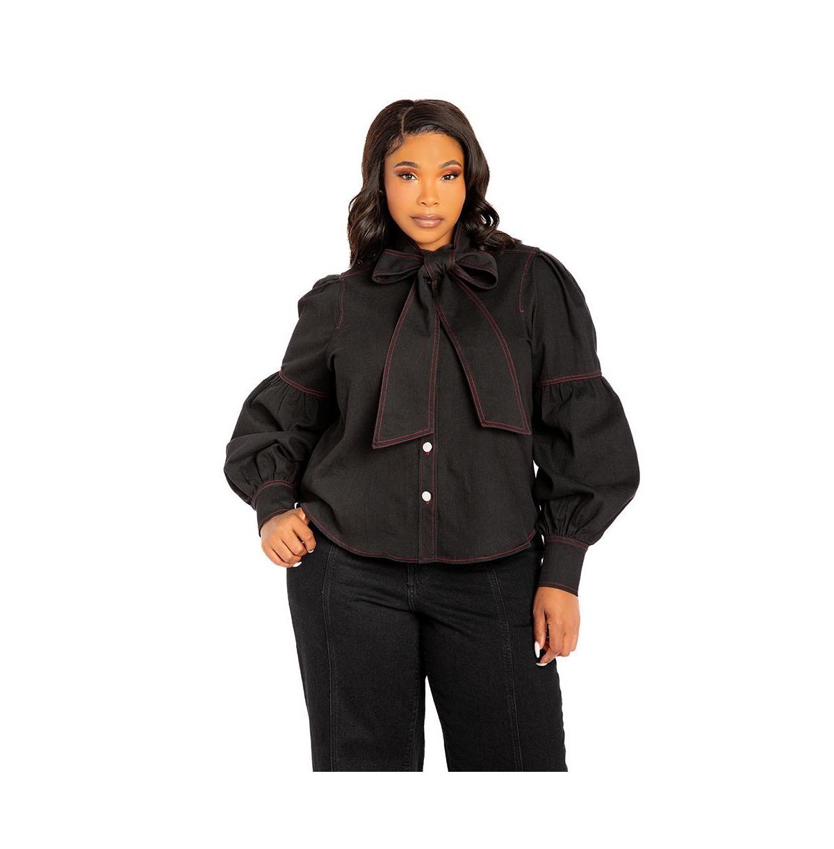 Women's Plus Size Bow Neck Puff Sleeve Denim Blouse - Denim black