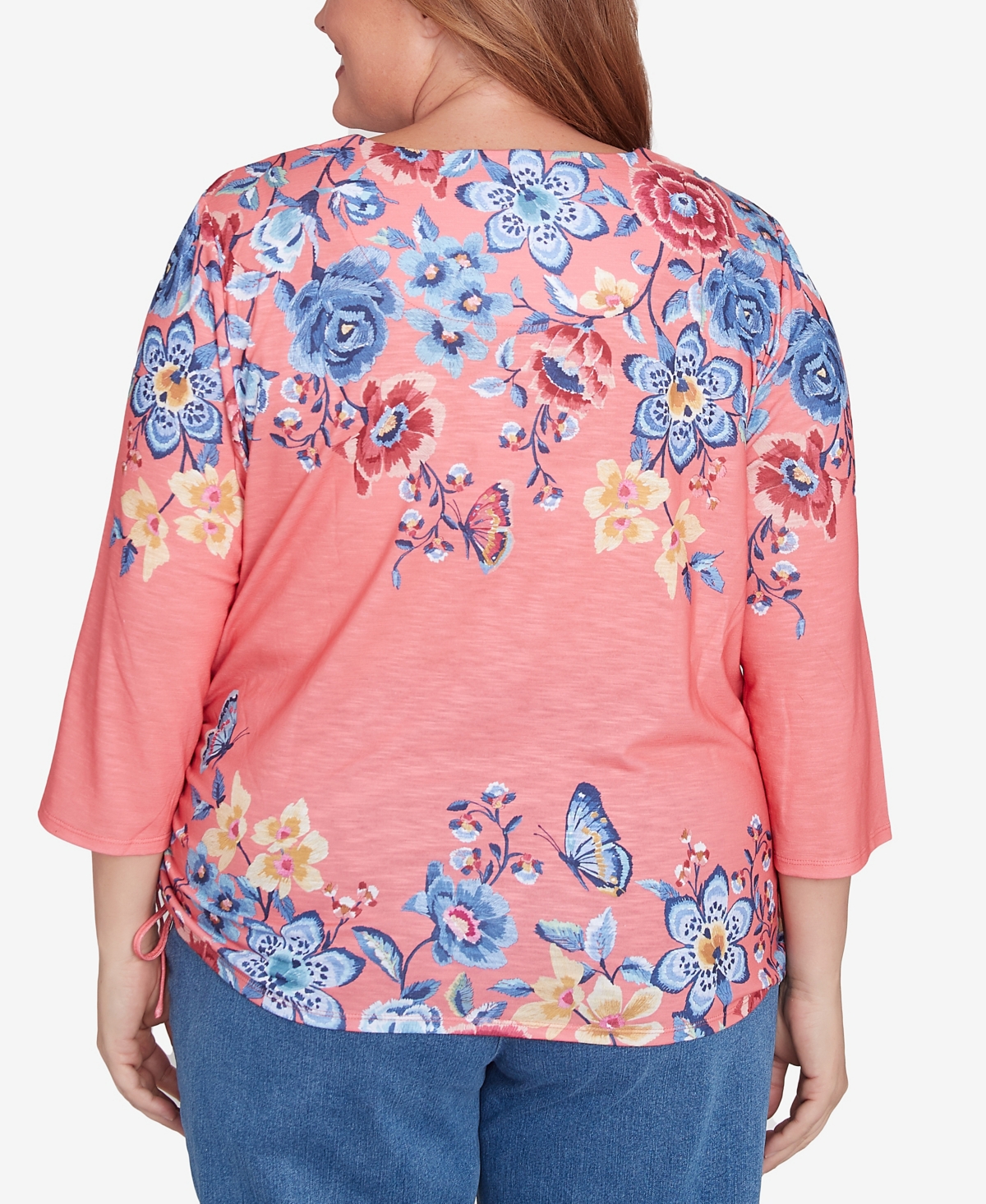 Alfred Dunner Plus Size Free Spirit Showstopping Crew Neck Floral Knit Top In Coral