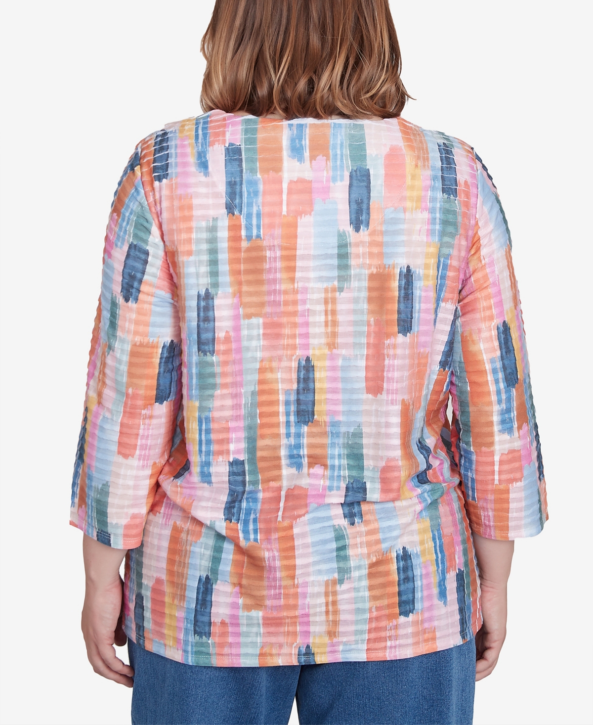 Alfred Dunner Plus Size Free Spirit Mini Ruffle Brushstroke Crew Neck Top In Multi
