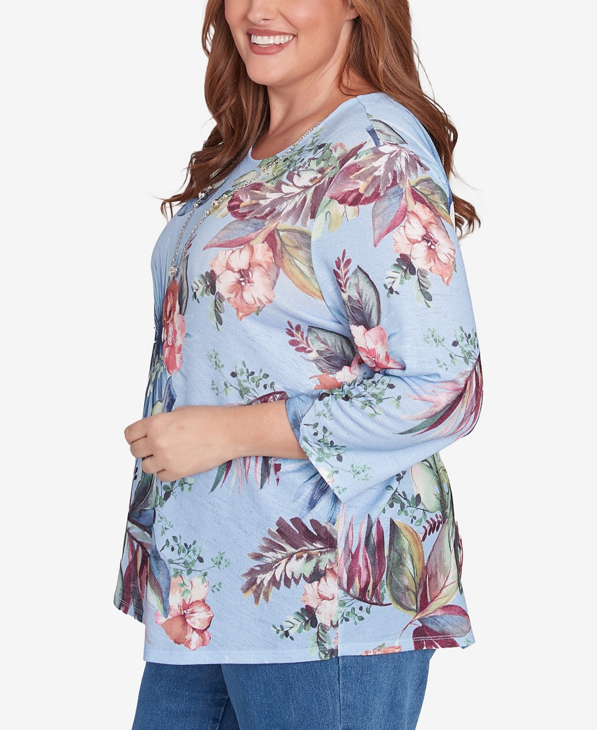 Alfred Dunner Plus Size Free Spirit Tropical Print Knit Top With Necklace In Light Blue