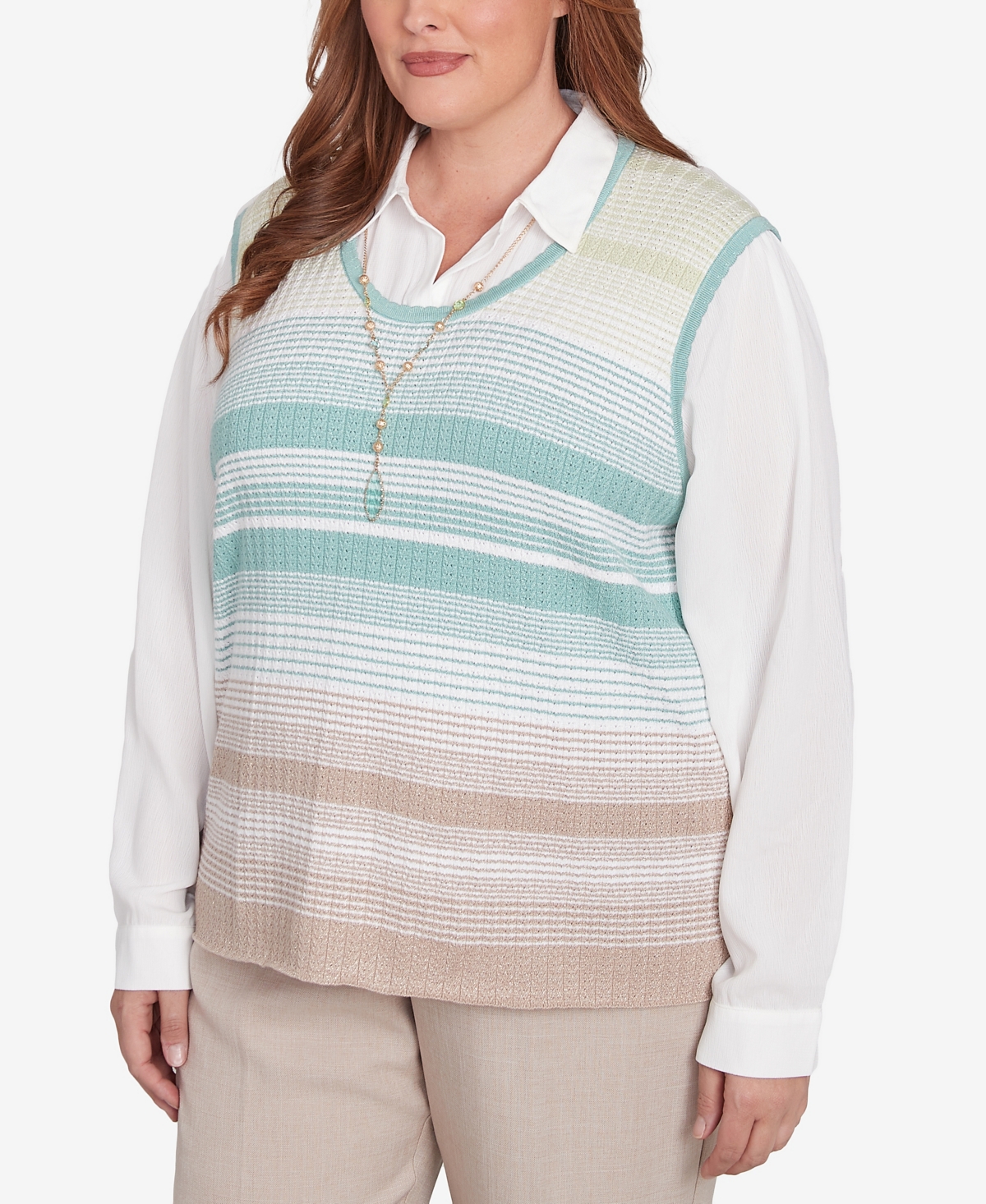 Alfred Dunner Plus Size Kensington Gardens Striped Vest Collared Two In One Sweater With Necklace In Neutral Multi