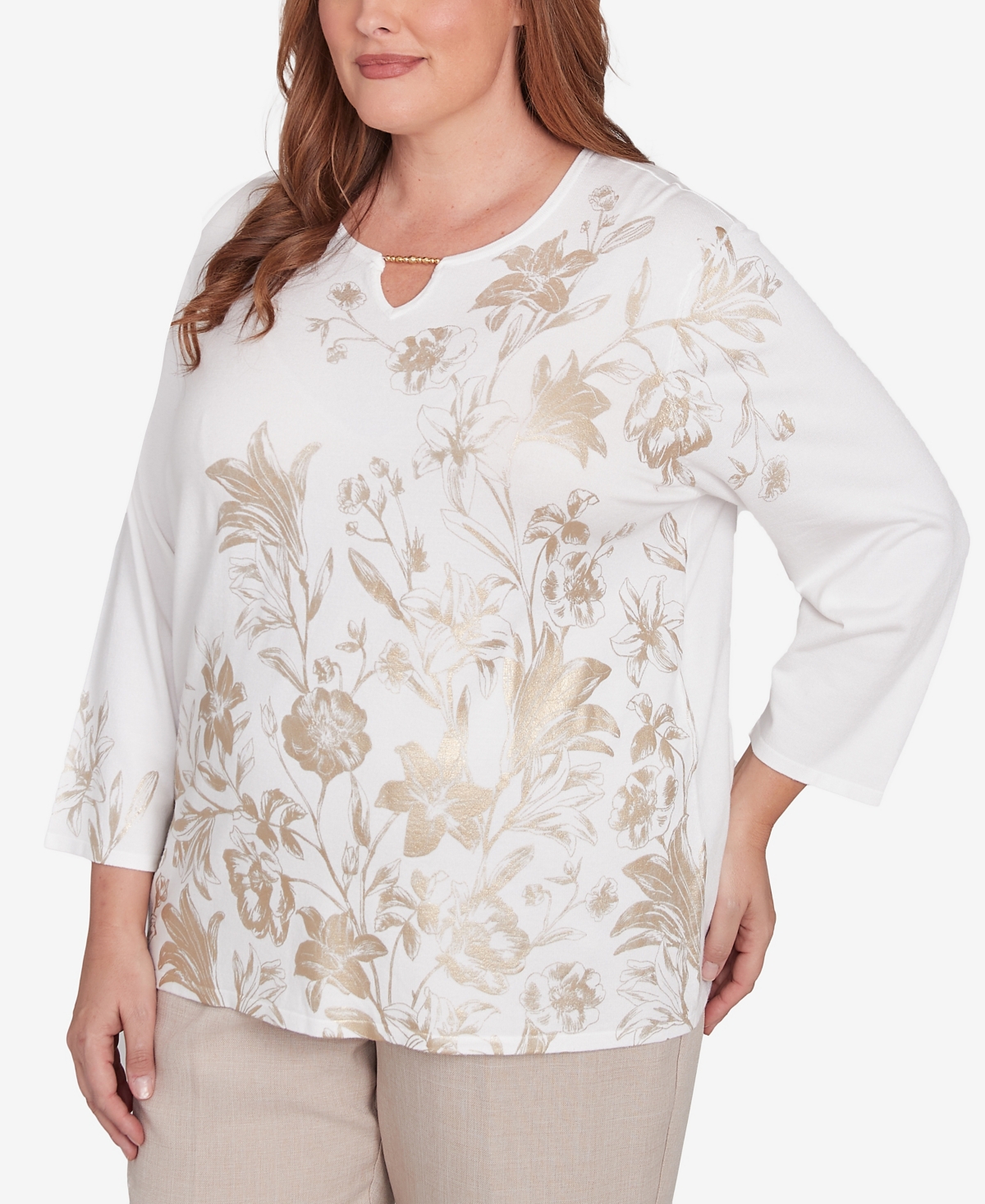 Alfred Dunner Plus Size Kensington Gardens Split Neck Botanical Gold Foil Print Sweater In Neutral Multi