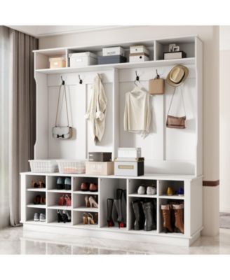 63 in. W White Wood 3-in-1 Hall Tree Coat Rack Shoe Storage Bench with 6-Metal Double Hooks, Shoe Rack and Shelves