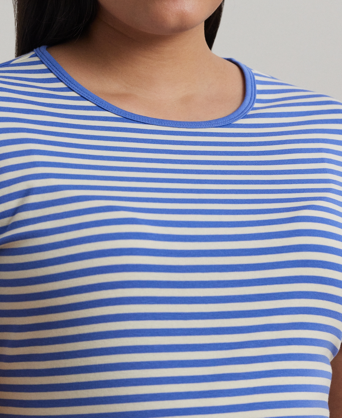 Shop Ralph Lauren Plus Size Striped Stretch Cotton Crewneck Tee In Soft Lazuli Mascarpone Cream