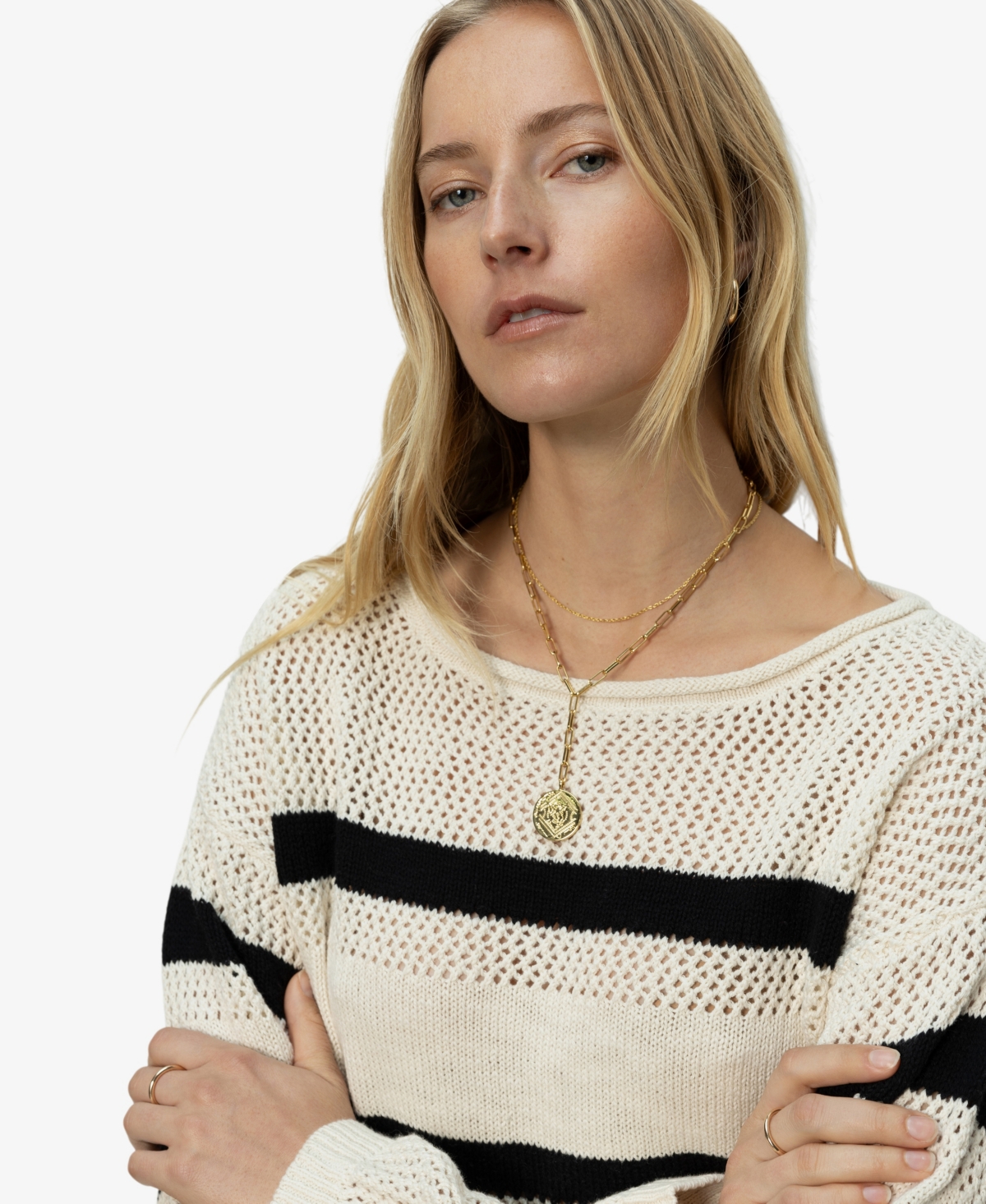 Women's Sporty Stripe Cotton Open-Knit Sweater - Eco Natural / Blk Stripe