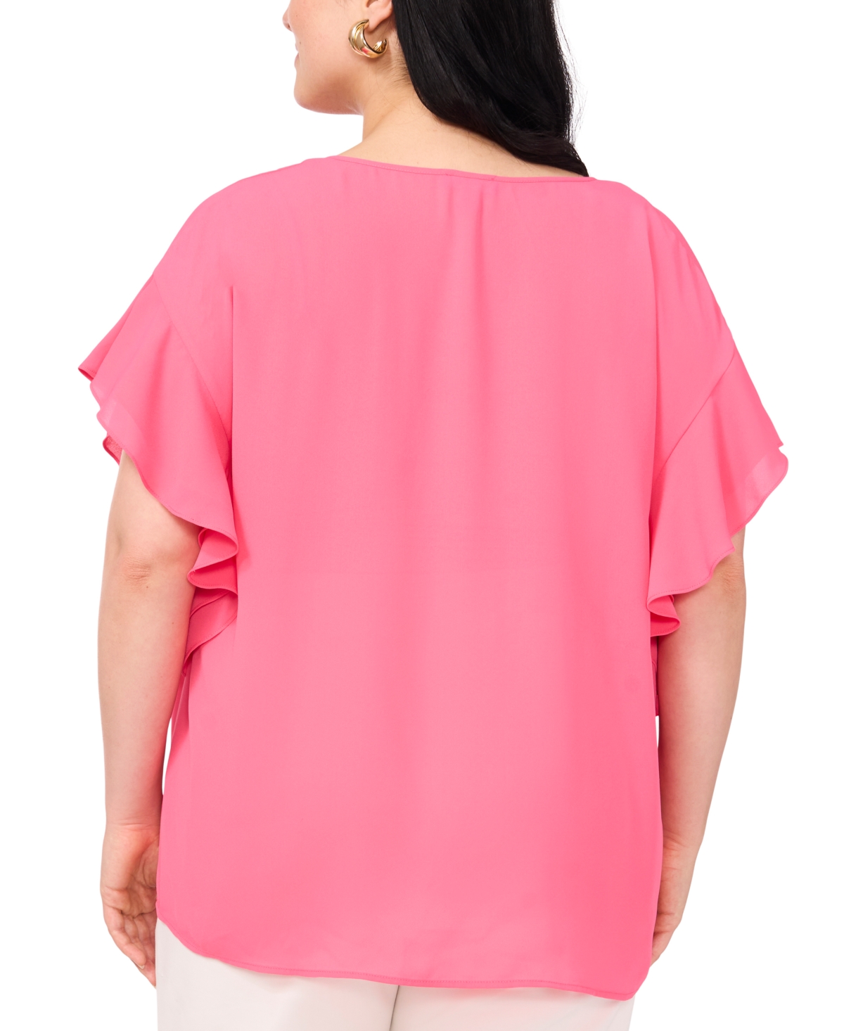 Vince Camuto Plus Size Flutter-sleeve Split-neck Top In Pink Bliss