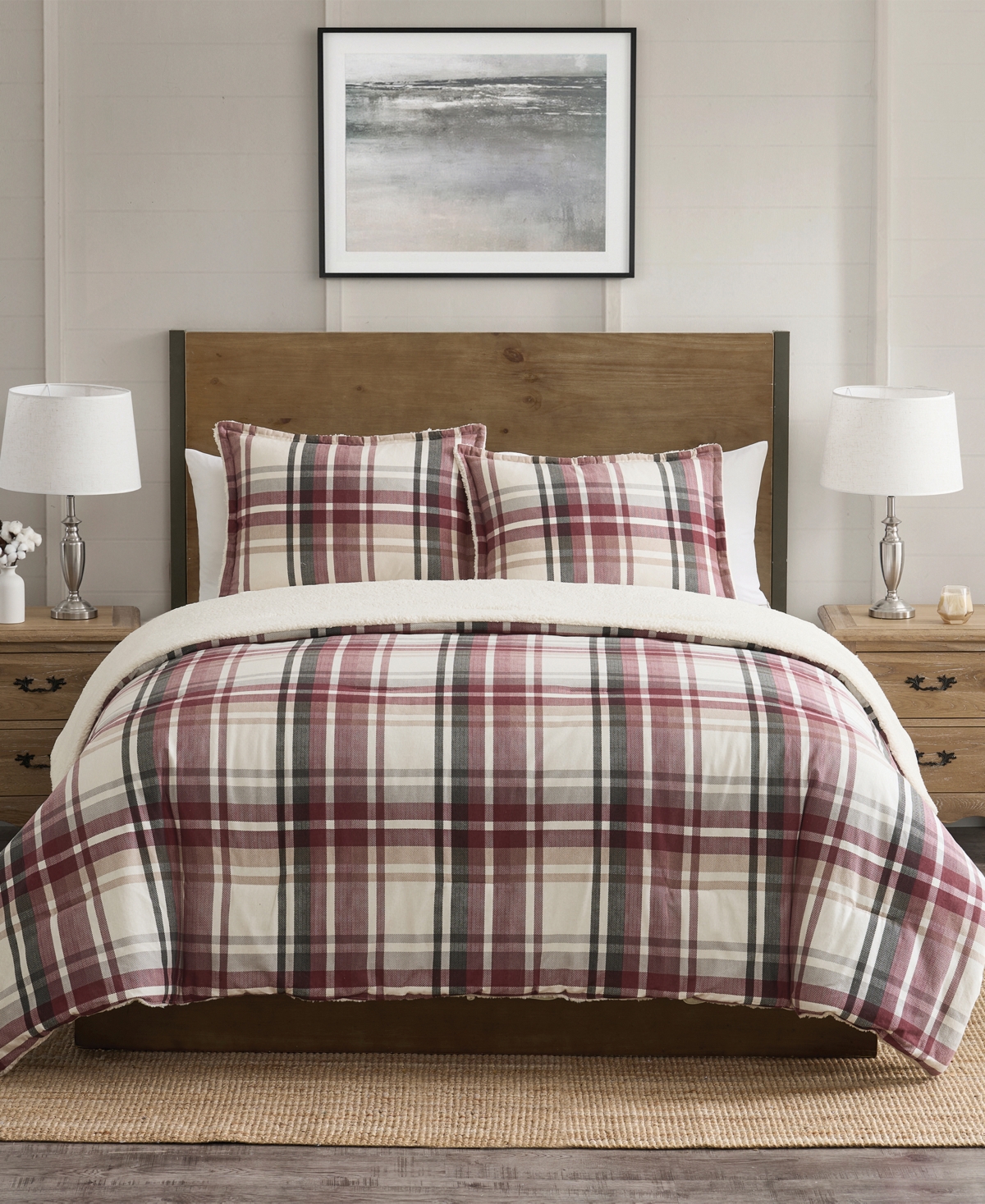 Vcny Home Plaid Brushed Flannel And Sherpa 3-pc. Comforter Set, King In Red
