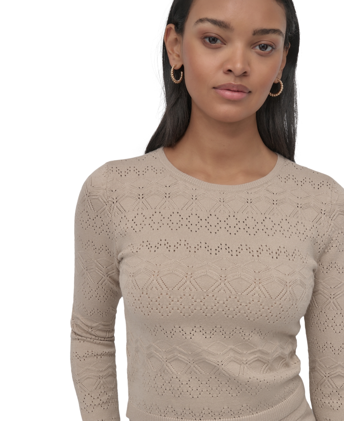 Dkny Jeans Women's Pointelle-knit Cropped Sweater In Pbl - Pebble