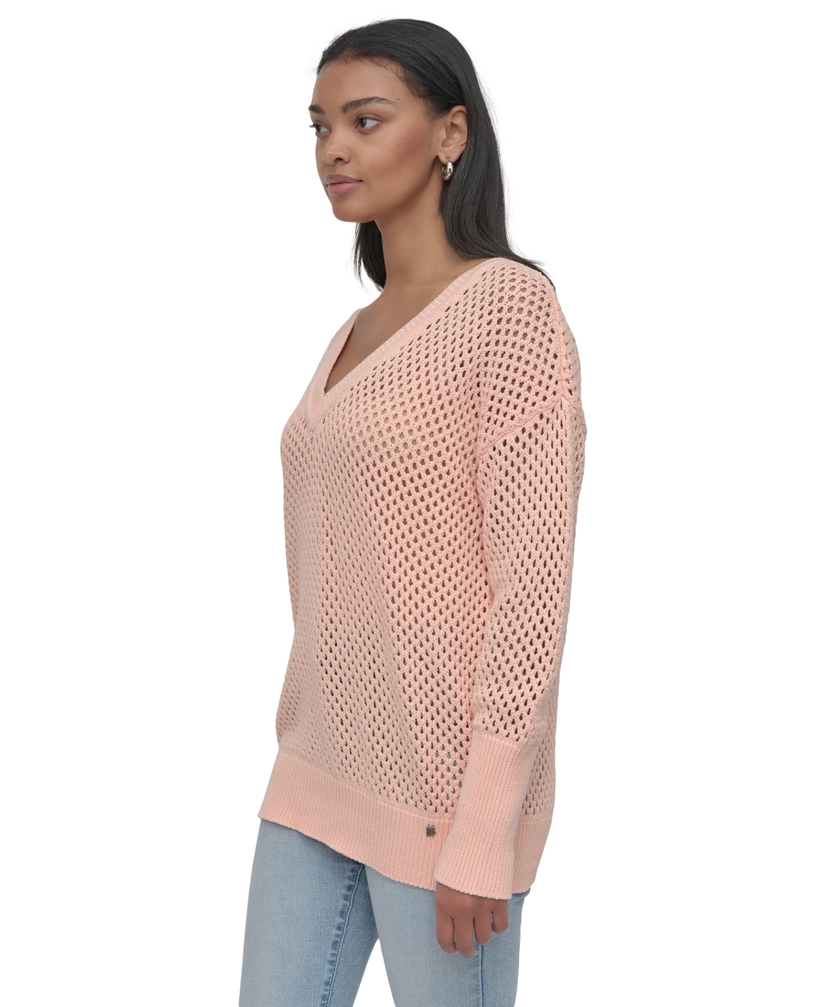 DKNY JEANS WOMEN'S COTTON OPEN-KNIT V-NECK SWEATER 