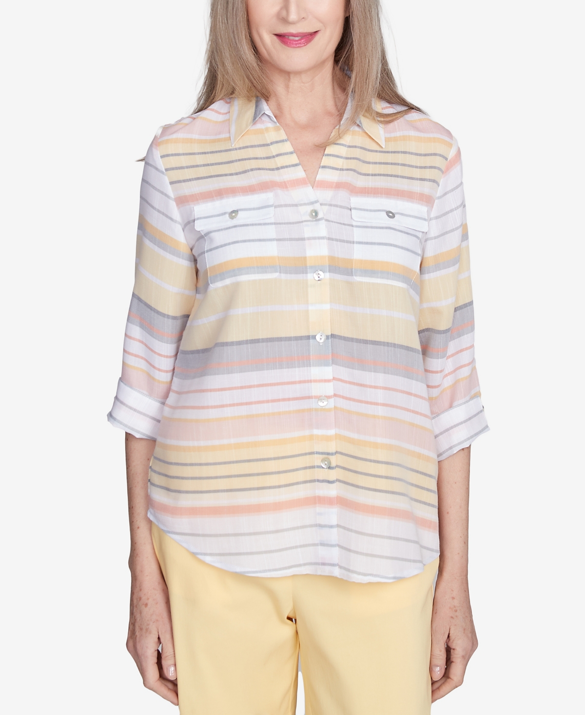 Alfred Dunner Petite Dress Code Button Down Striped Cuffed Sleeve Top In Multi Yellow