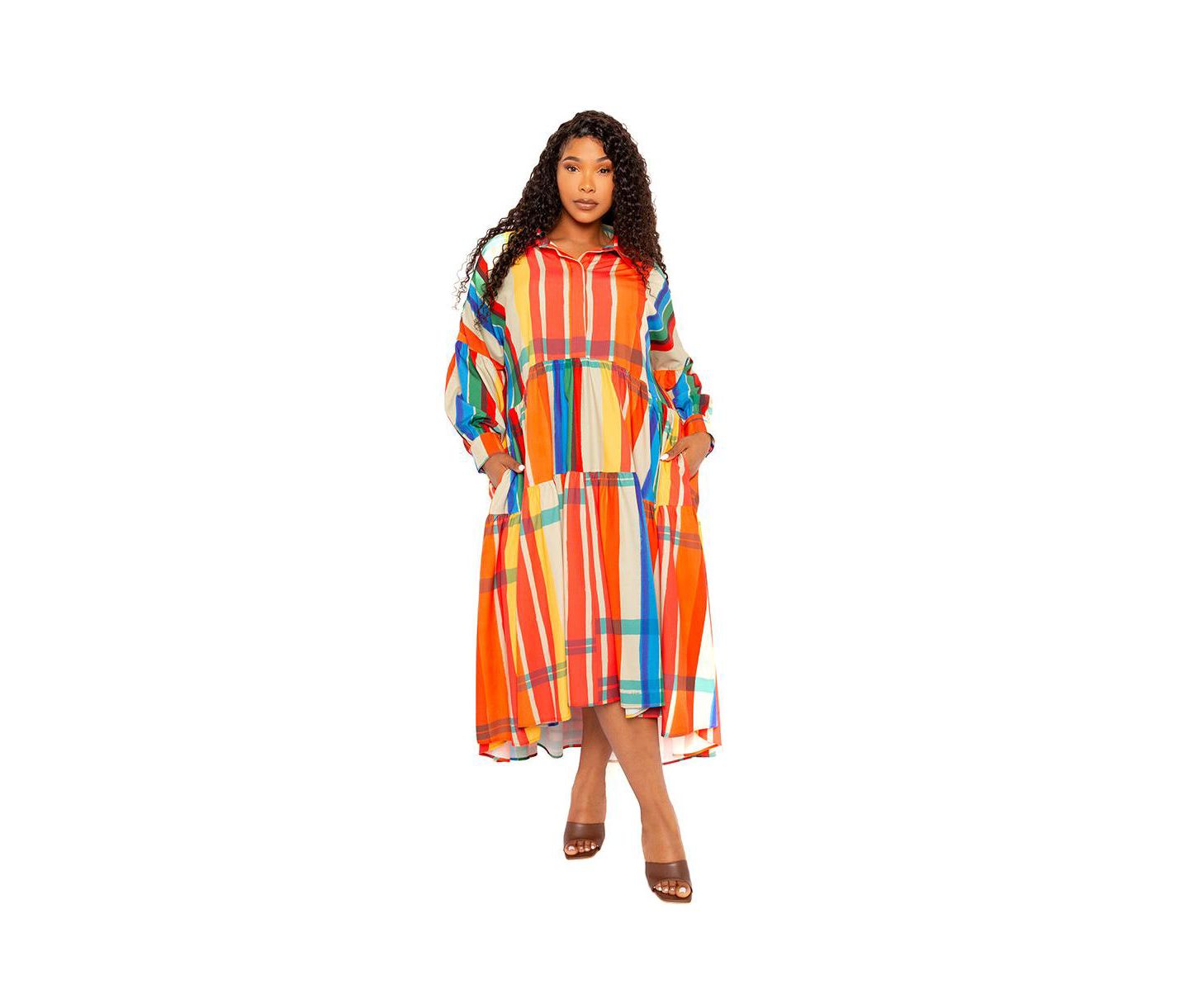 Женское платье Buxom Couture Plus Size Plaid Puff Sleeve Tiered Shirt Dress, цвет: Ржавый разноцветный — фото 1