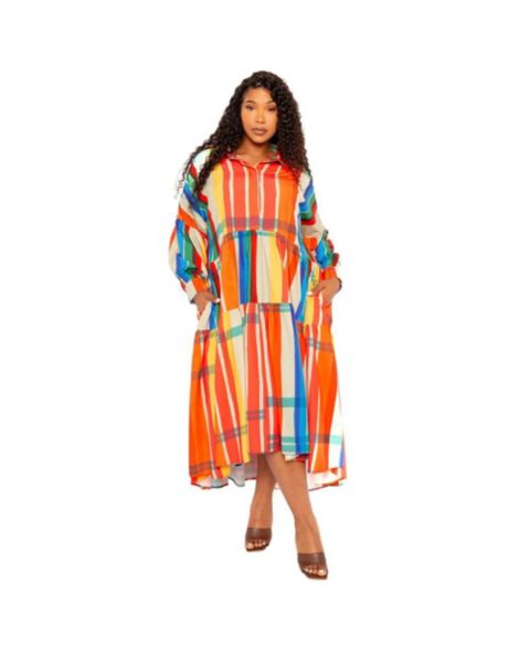 Женское платье Buxom Couture Plus Size Plaid Puff Sleeve Tiered Shirt Dress, цвет: Ржавый разноцветный
