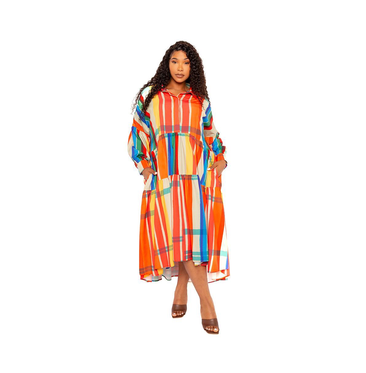Women's Plus Size Plaid Puff Sleeve Tiered Shirt Dress - Rust multi