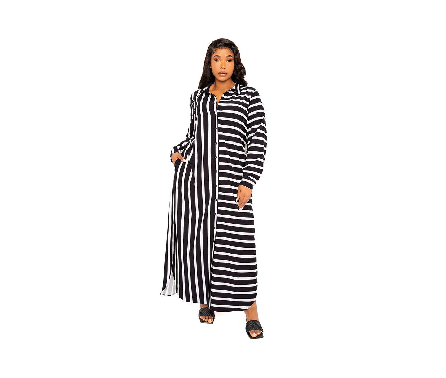 Женское платье Buxom Couture Plus Size Maxi Stripe Maxi Shirt Dress, цвет: Чёрный полосатый — фото 1