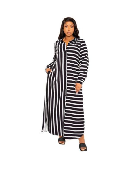 Женское платье Buxom Couture Plus Size Maxi Stripe Maxi Shirt Dress, цвет: Чёрный полосатый