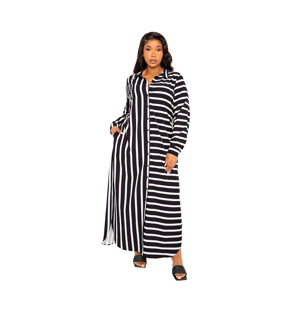 Women's Plus Size Maxi Stripe Maxi Shirt Dress - Khaki stripe