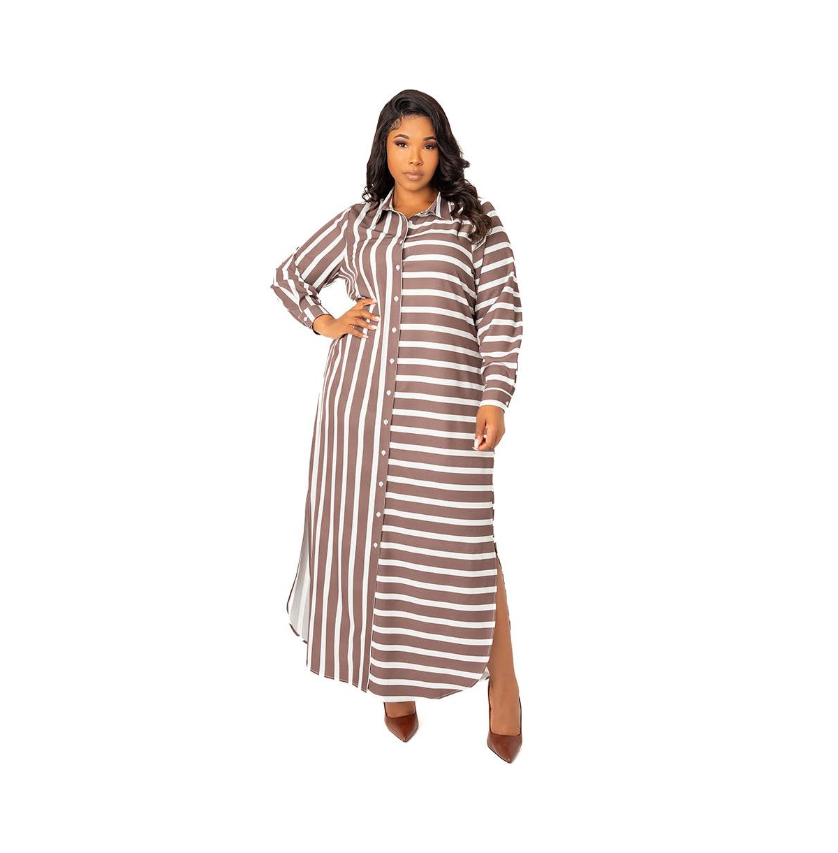 Women's Plus Size Maxi Stripe Maxi Shirt Dress - Khaki stripe