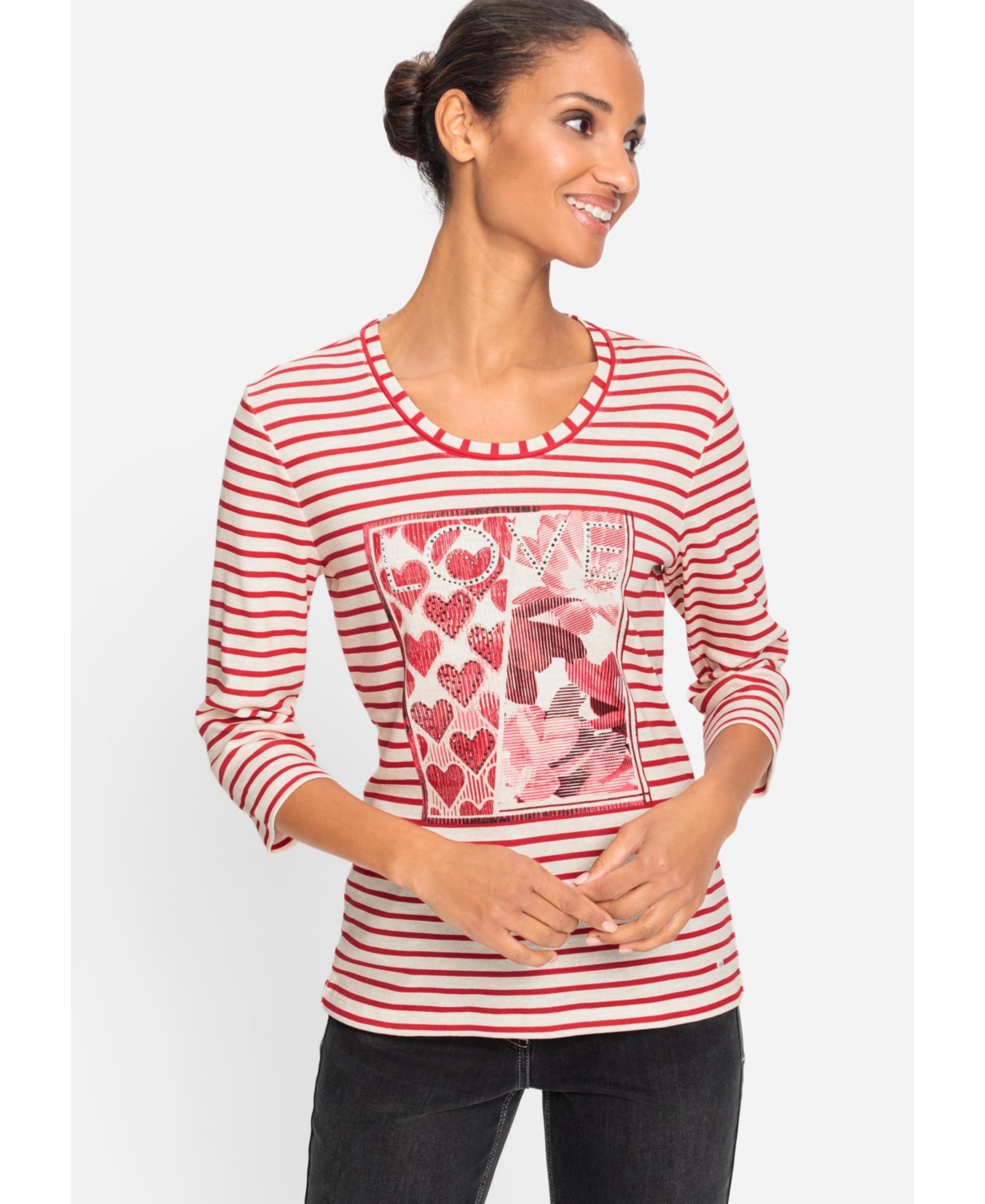 Women's Striped Love Print T-Shirt - Red rose