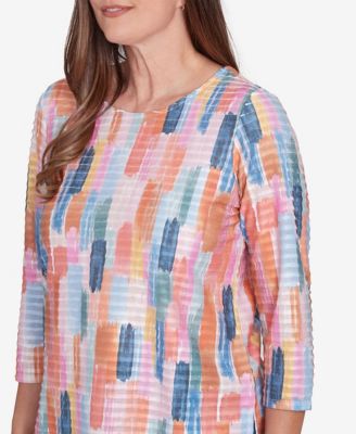 Petite Free Spirit Mini Ruffle Brushstroke Crew Neck Top