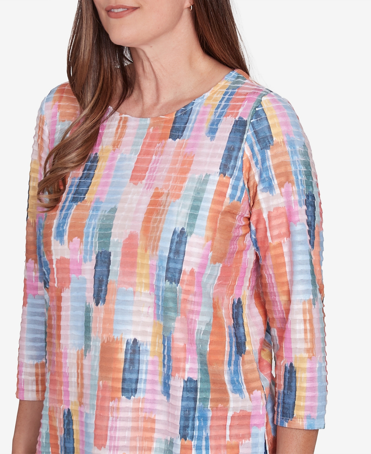 Alfred Dunner Plus Size Free Spirit Mini Ruffle Brushstroke Crew Neck Top In Coral