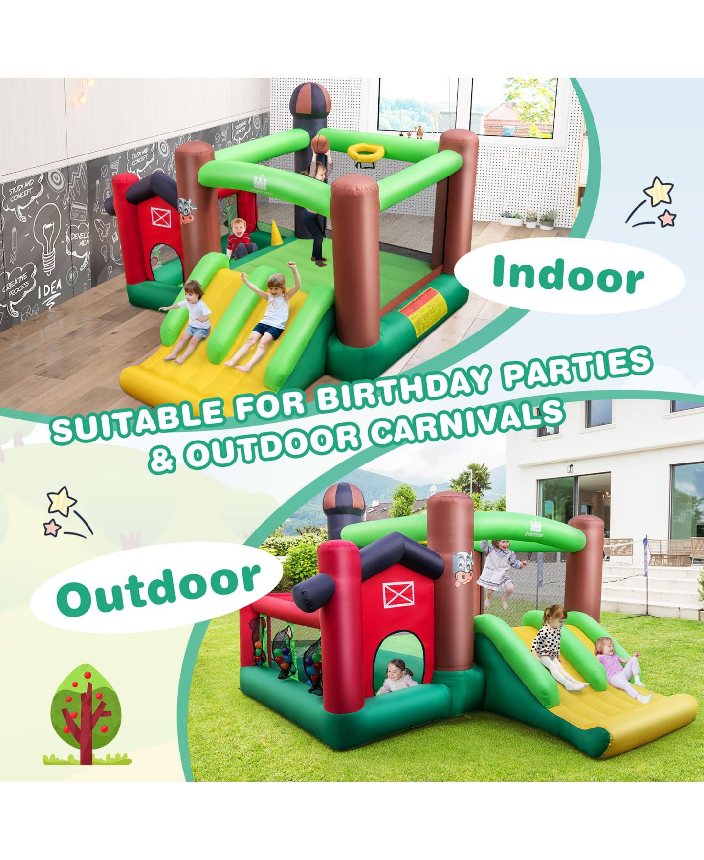 Детские игрушки Costway Farm Themed Inflatable Bounce House with Double Slides and Ball Pit, 140"L x 130"W x 87"H, от 3 лет, цвет: Зелёный — фото 6