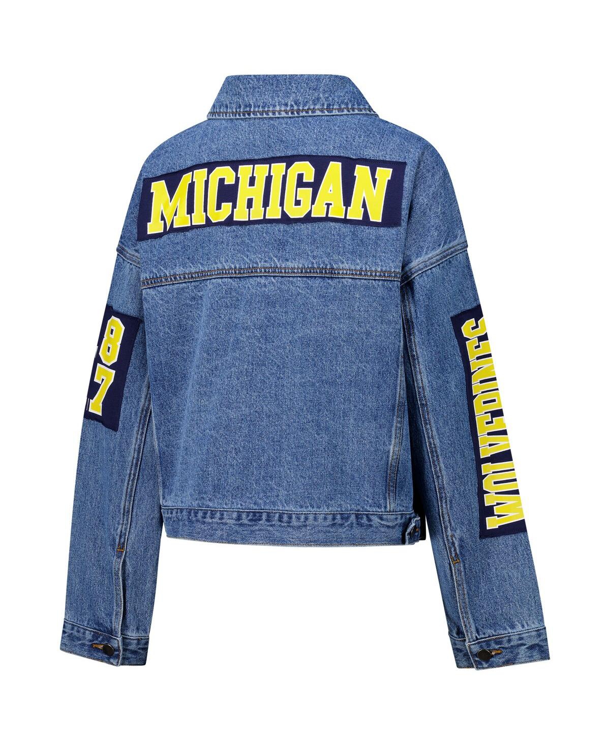 G-III 4HER BY CARL BANKS WOMEN'S DENIM MICHIGAN WOLVERINES GAME BALL PATCHES AND STUDS FULL-BUTTON JACKET 
