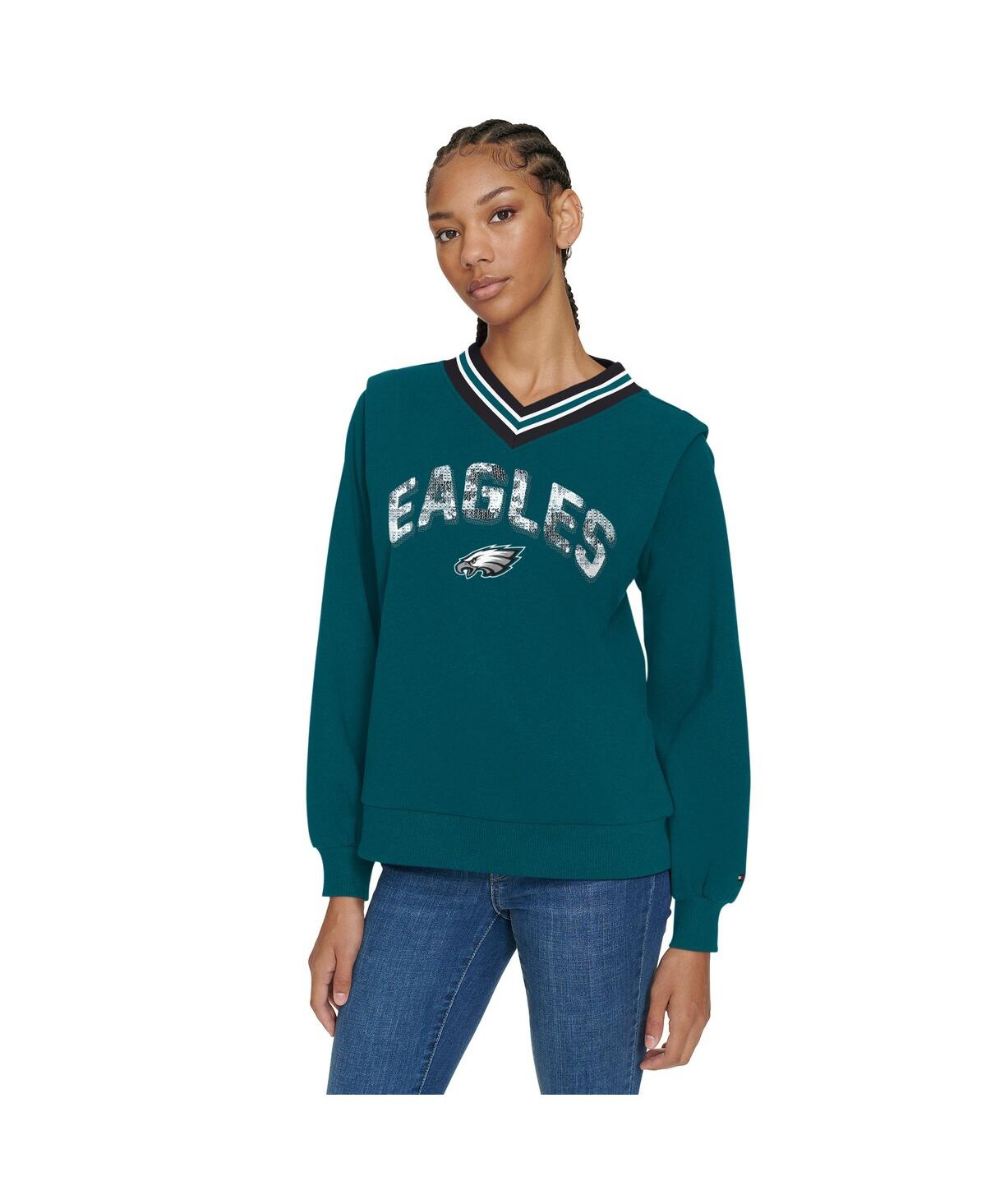 Tommy Hilfiger Women's Midnight Green Philadelphia Eagles Alice V-neck Pullover Sweatshirt In Green