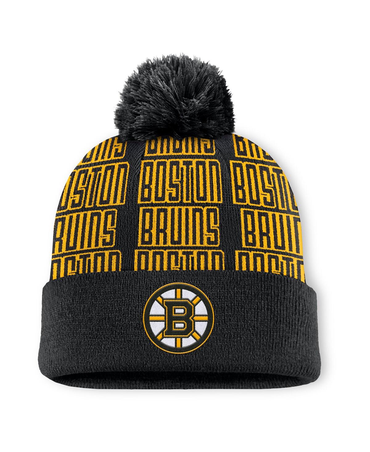 Fanatics Men's Black/gold Boston Bruins Fundamental Empty Net Cuffed Knit Hat With Pom In Black,gold