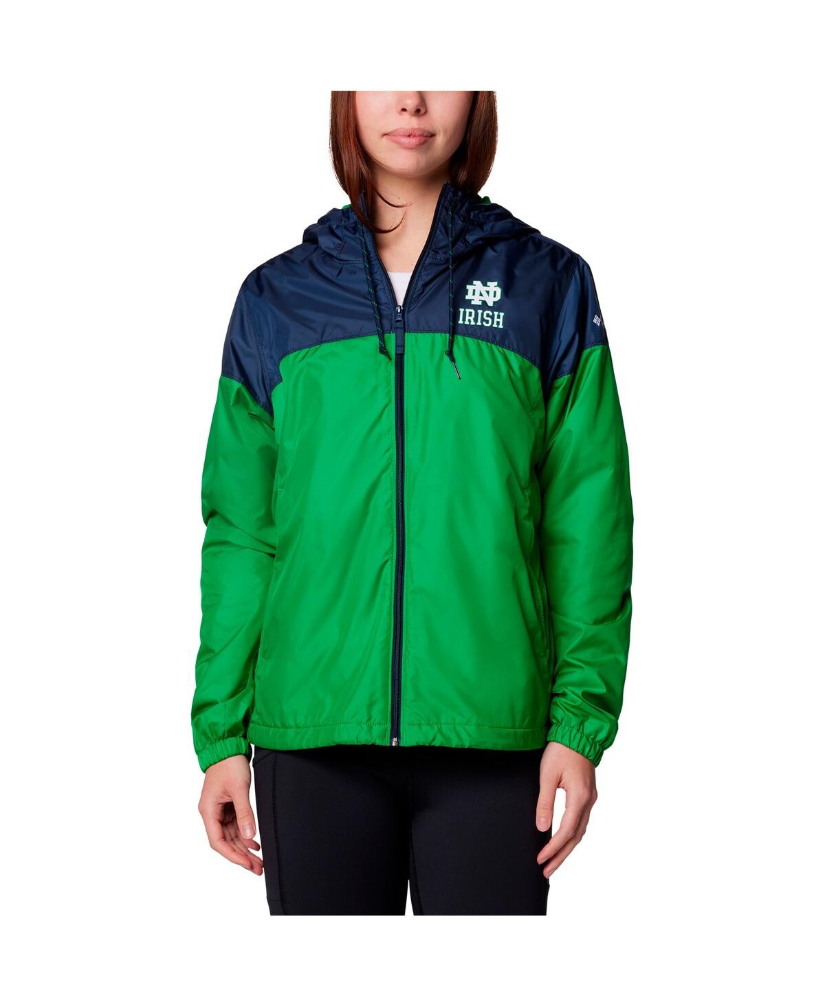 COLUMBIA WOMEN'S NAVY/GREEN NOTRE DAME FIGHTING IRISH FLASH FORWARD FULL-ZIP HOODIE WINDBREAKER JACKET 