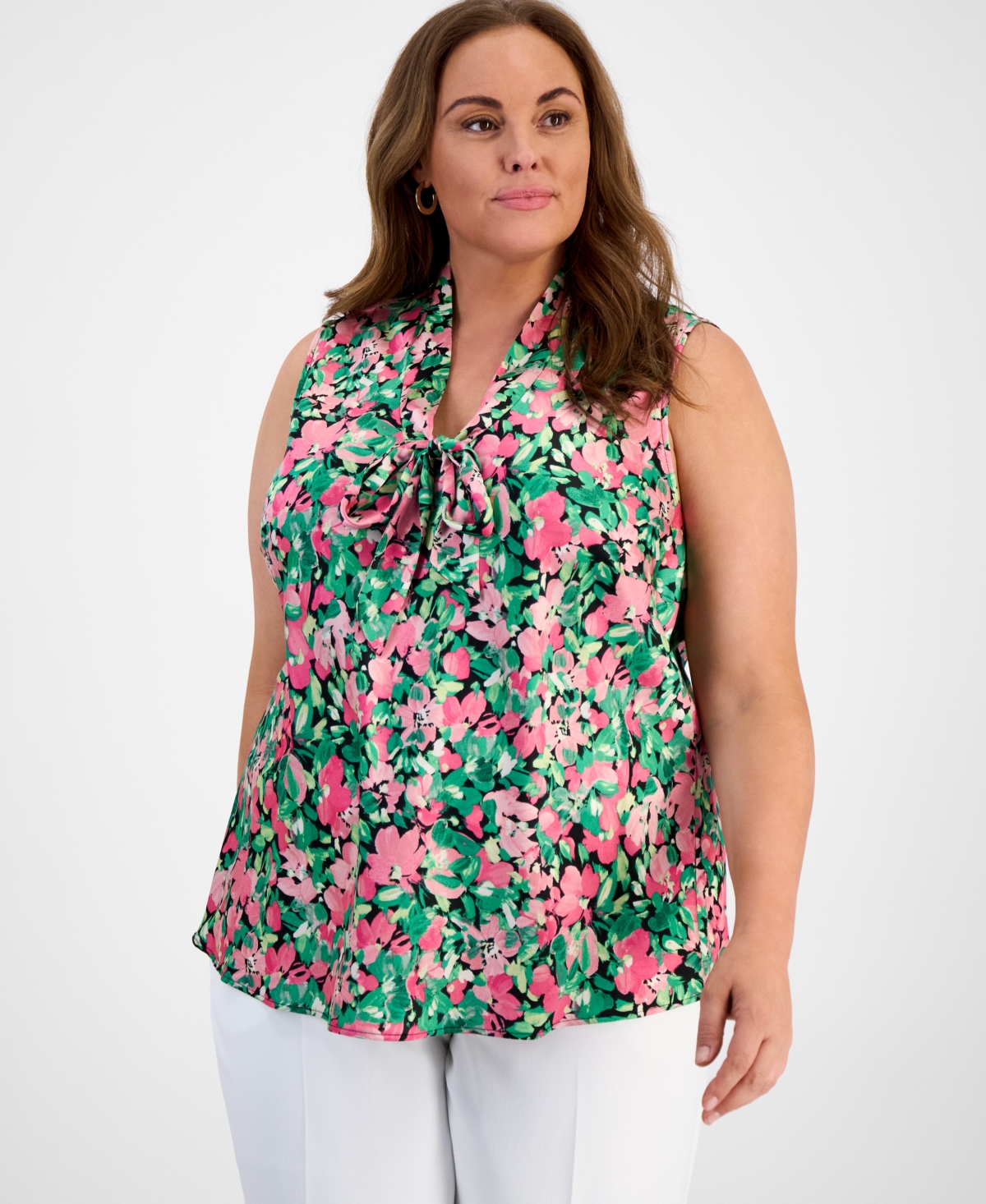 Plus Size Tie-Neck Floral-Print Shell Top - Black Multi