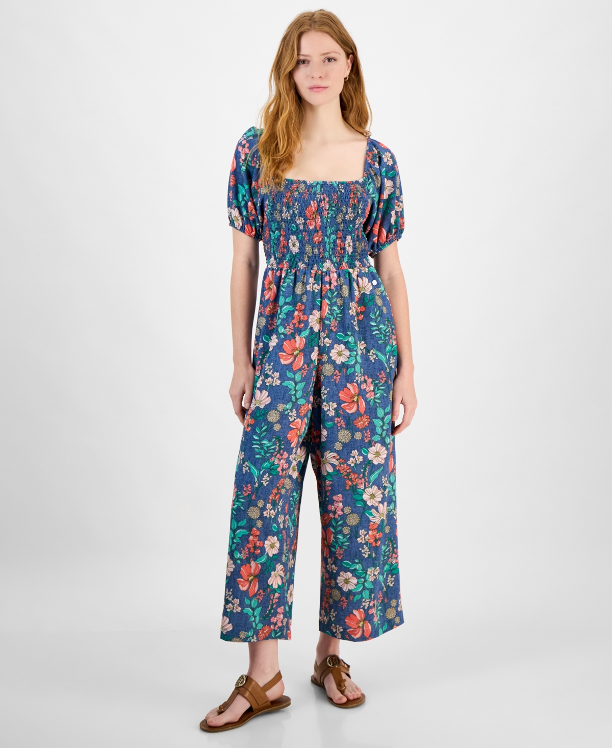Tommy Hilfiger Women's Square-neck Smocked Jumpsuit In Blue Multi