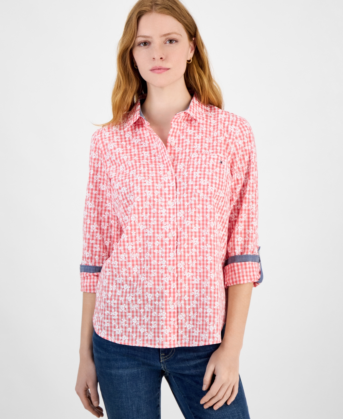 Women's Floral Gingham Cotton Shirt - Sherbert/ Bright White
