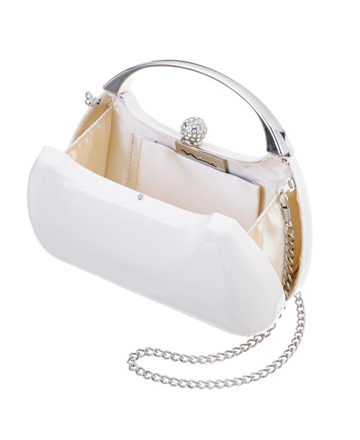 NINA PATENT MINAUDIERE WITH METAL HANDLE CLUTCH 