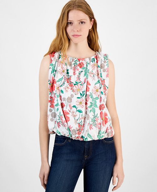 alfani Tommy Hilfiger Women's Floral Sleeveless Bubble-Hem Top Women's Fashion Shoes & Accessories