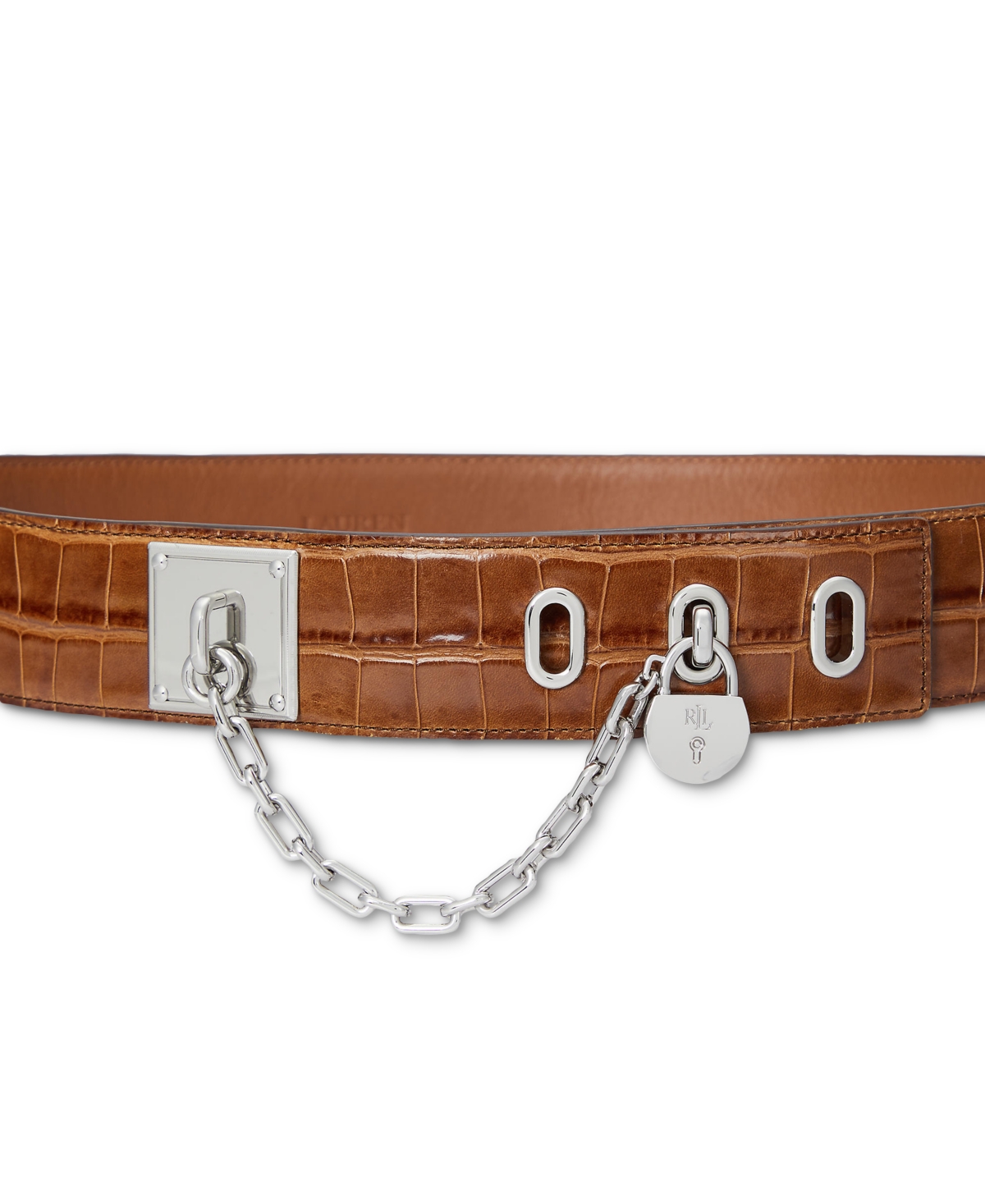 Ralph Lauren Croc-embossed Chain Padlock Wide Belt In Tobacco,lauren Tan