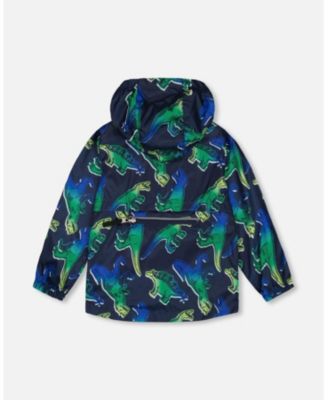 Boy Printed Packable Windbreaker Blue And Green Dino On Navy - Toddler|Child