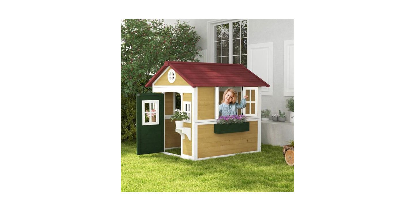 Детская игрушка Slickblue Outdoor Wood Playhouse with Windows and Doors, 3–8 лет, цвет: Бежевый / Зелёный — фото 2