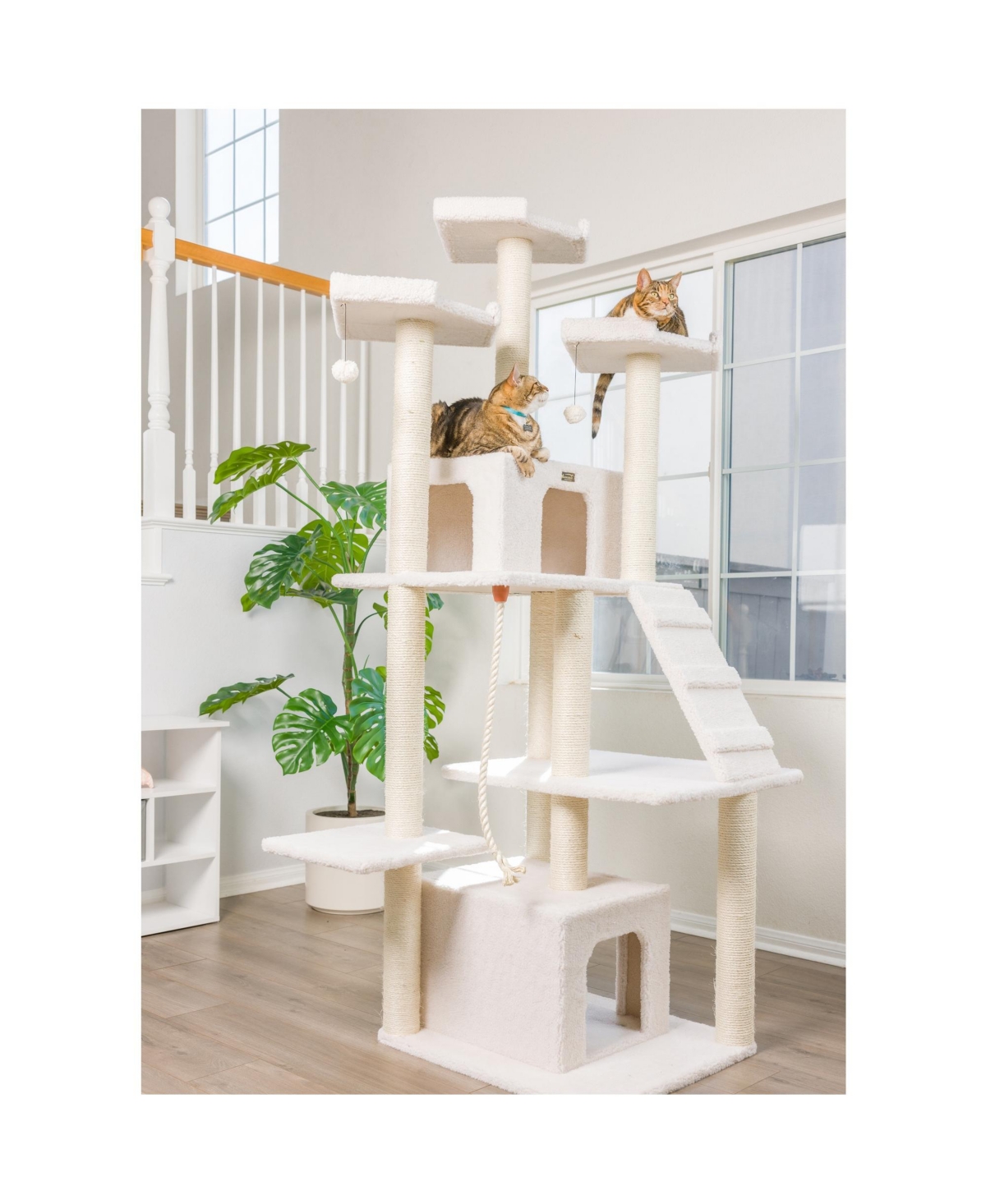 B8201 Classic Real Wood Cat Tree In Ivory, Jackson Galaxy Approved, Multi Levels With Ramp, Three Perches, Rope Swing, Two Condos - Ivory