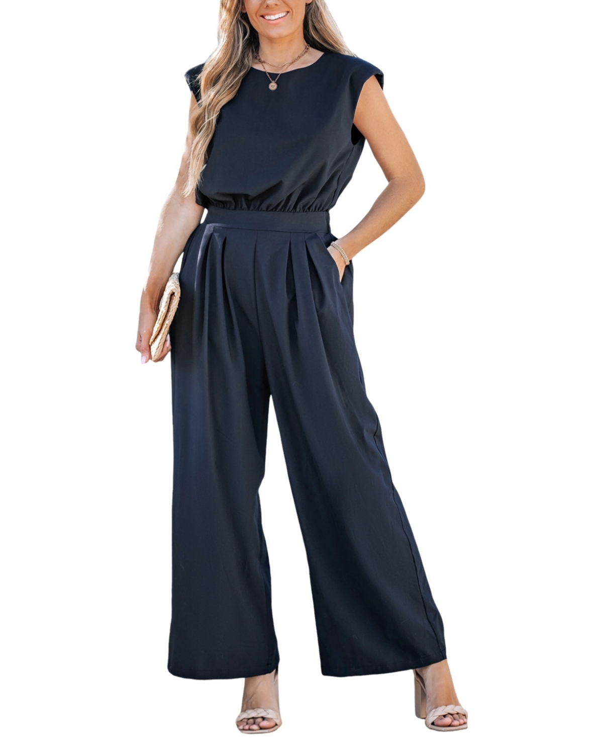 Women's Navy Round Neck Sleeveless Straight Leg Jumpsuit - Dark blue