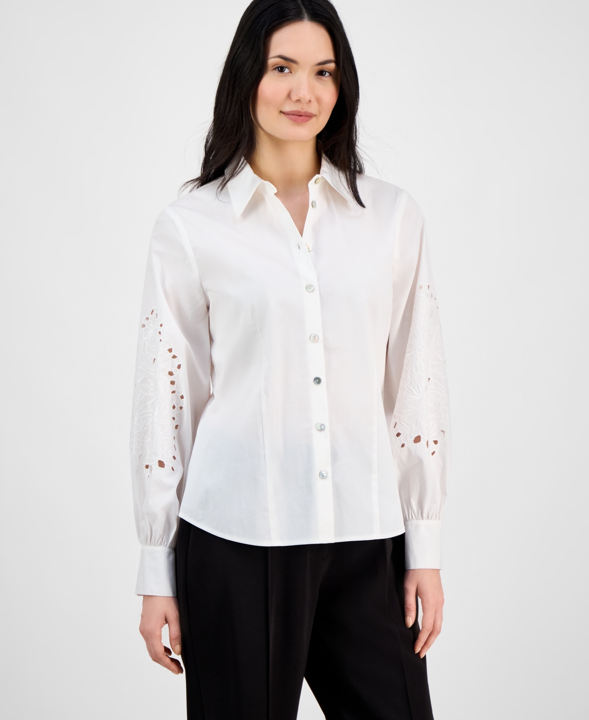 Women's Button-Front Embroidered-Sleeve Shirt - White Star