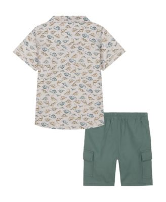 Baby Boys 2-Piece Short Sleeve Dinosaur Print Poplin Shirt and Twill Cargo Shorts Set