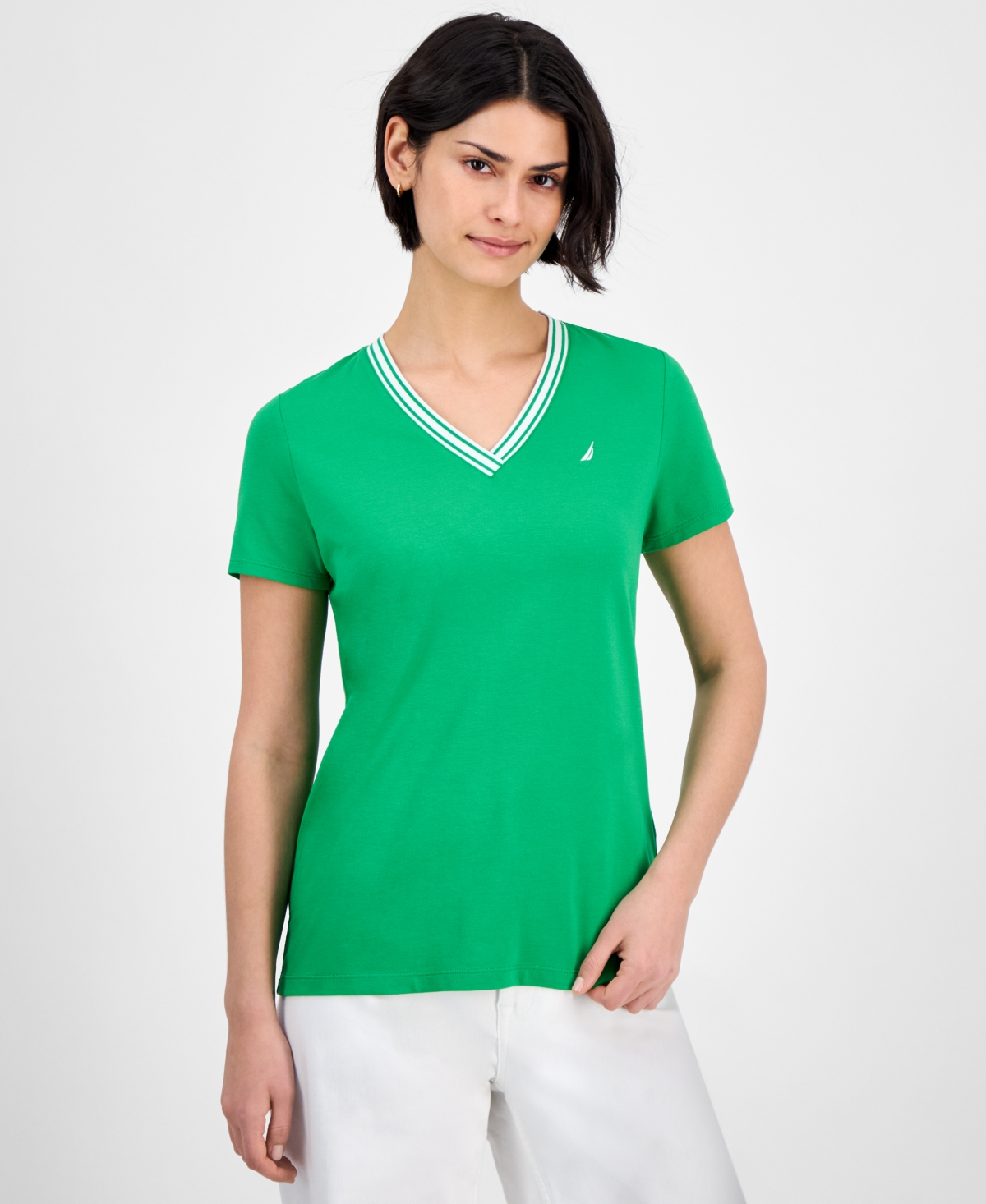 Women's Solid Stripe-Trim V-Neck - Fern