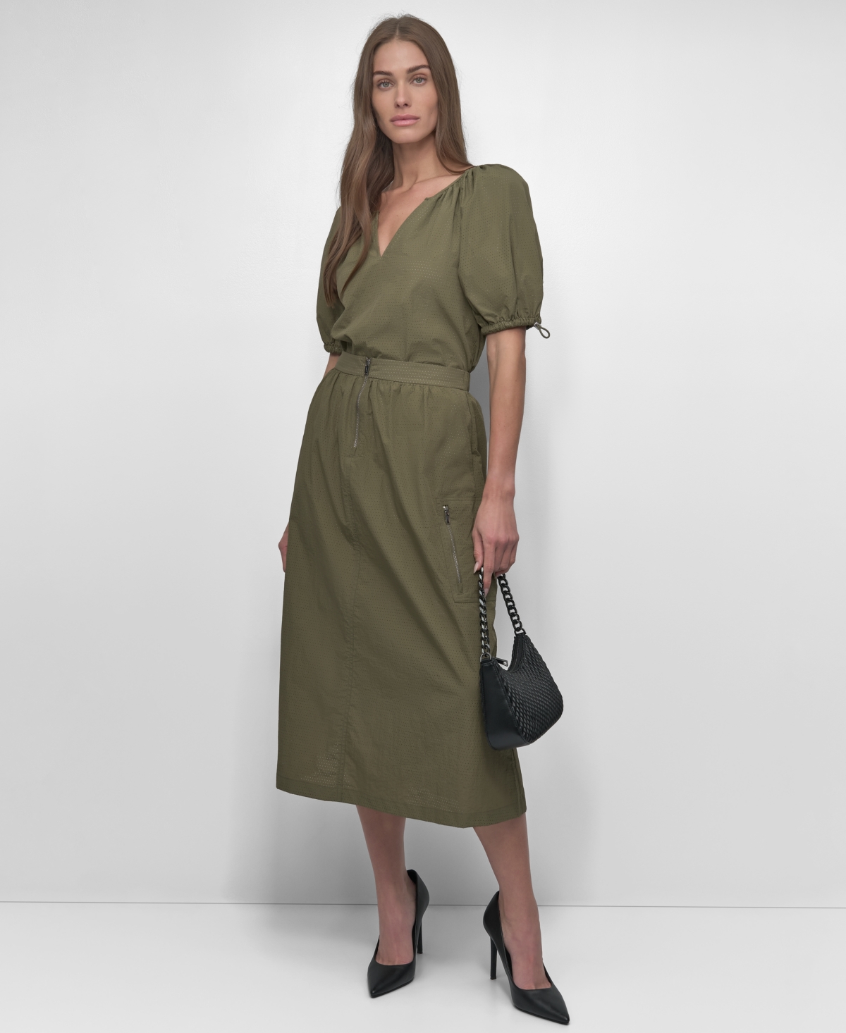 Shop Dkny Women's Bungee-sleeve Perforated Tech Top In Utility Green