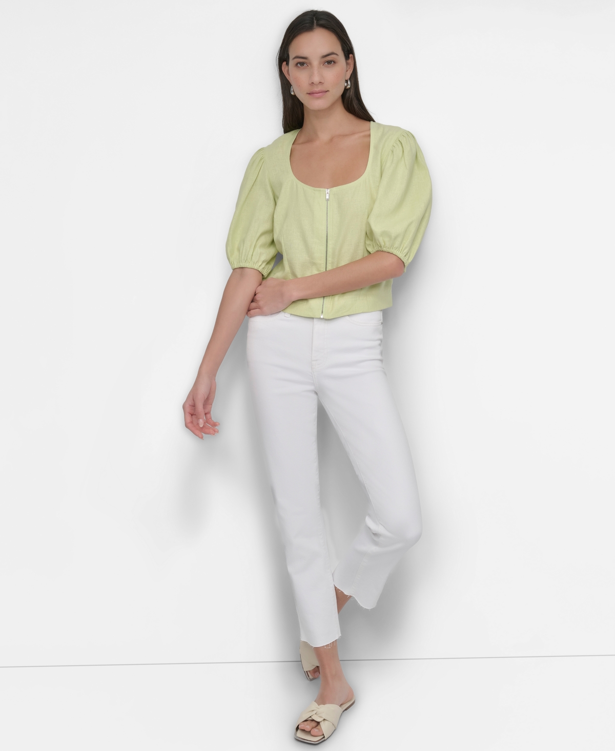 Shop Dkny Women's Zip-front Puff-sleeve Scoop-neck Top In Tea Green