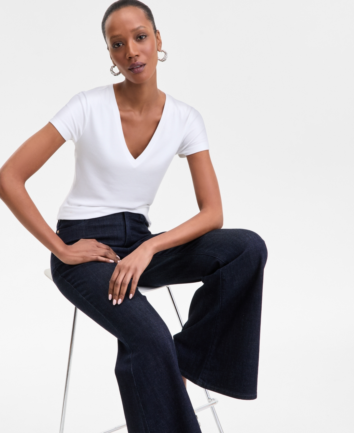 Inc International Concepts Women's Drapy Ribbed V-neck Top, Exclusively At Macy's In White